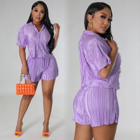 Pleated satin button down top and shorts in lavender - Picture 2 of 8